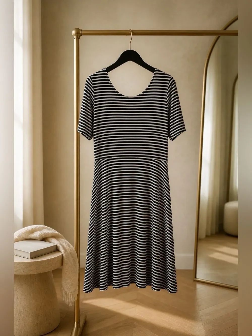 Decree Black and White Striped Midi Dress with Low Back